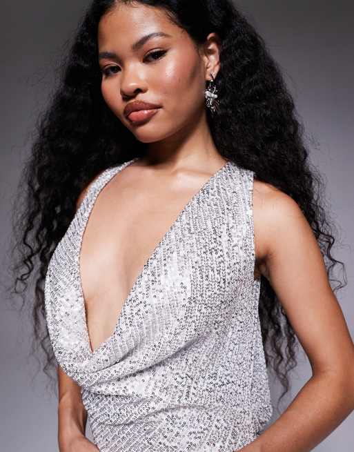 silver cowl neck maxi dress TFNC Petite cowl neck maxi dress with open back in silver sequin