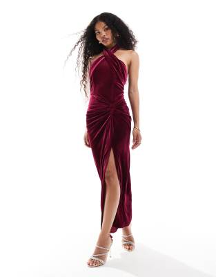 crepe halterneck maxi dress in oxblood-Red