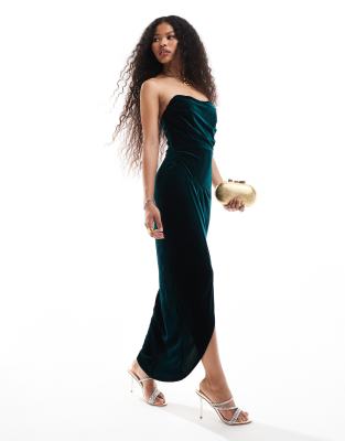 draped corset velvet maxi dress in emerald green