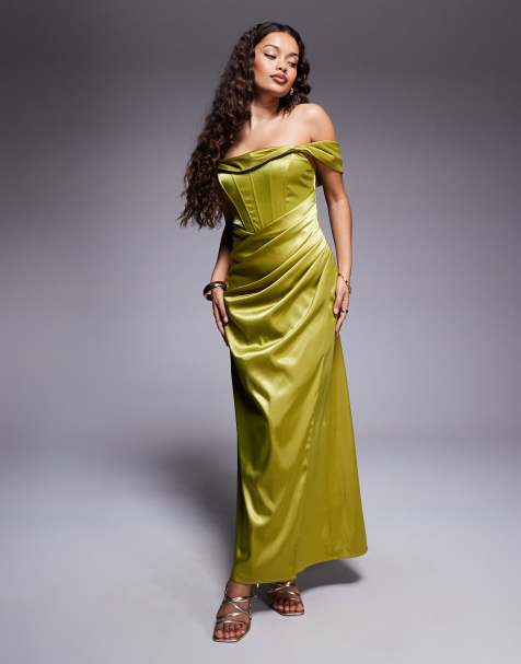 TFNC Petite drop shoulder satin corset maxi dress in olive - view 1