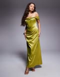 [TFNC Petite] TFNC Petite drop shoulder satin corset maxi dress in olive-Green 14 Olive