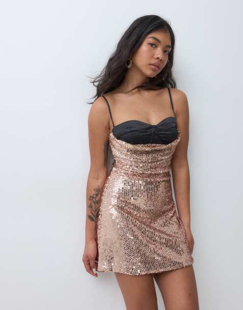 TFNC Petite embellished peekaboo sweetheart bust mini dress in gold