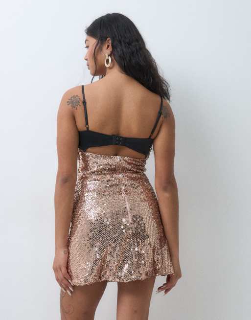 TFNC Petite embellished peekaboo sweetheart bust mini dress in gold, 4 of 5