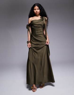 Tfnc Petite Fallen Shoulder Maxi Dress With Tie Details In Green