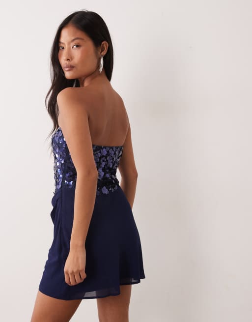 TFNC Petite floral sequin chiffon drape detail mini dress in navy, 3 of 4