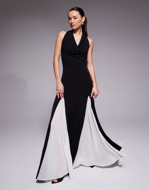 TFNC Petite halter neck chiffon contrast godets maxi dress in black and white - view 1