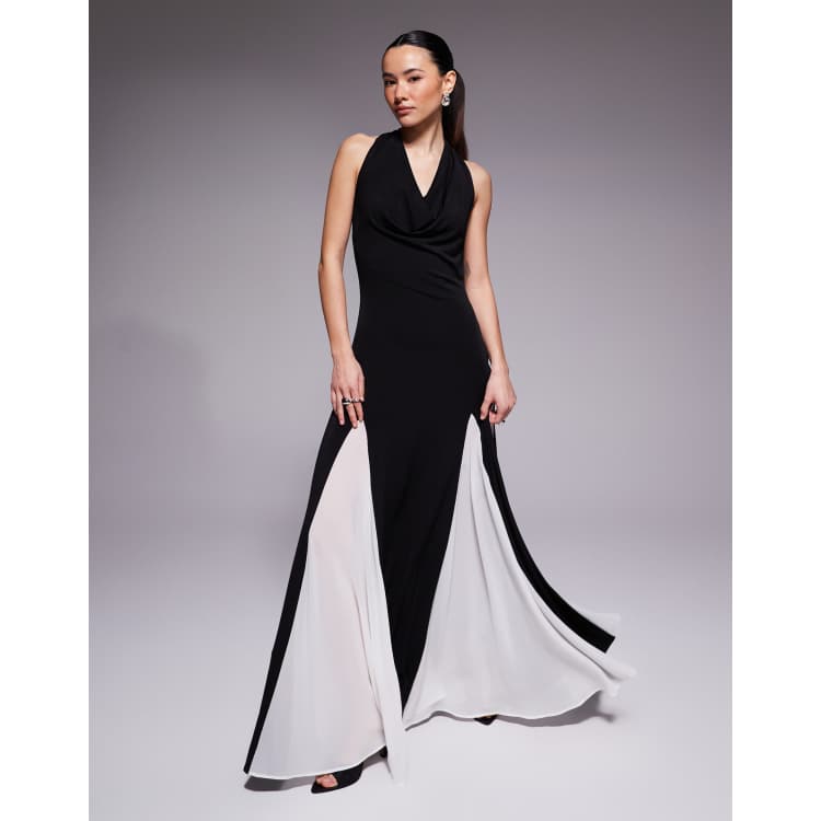 TFNC Petite halter neck chiffon contrast godets maxi dress in black and  white | ASOS