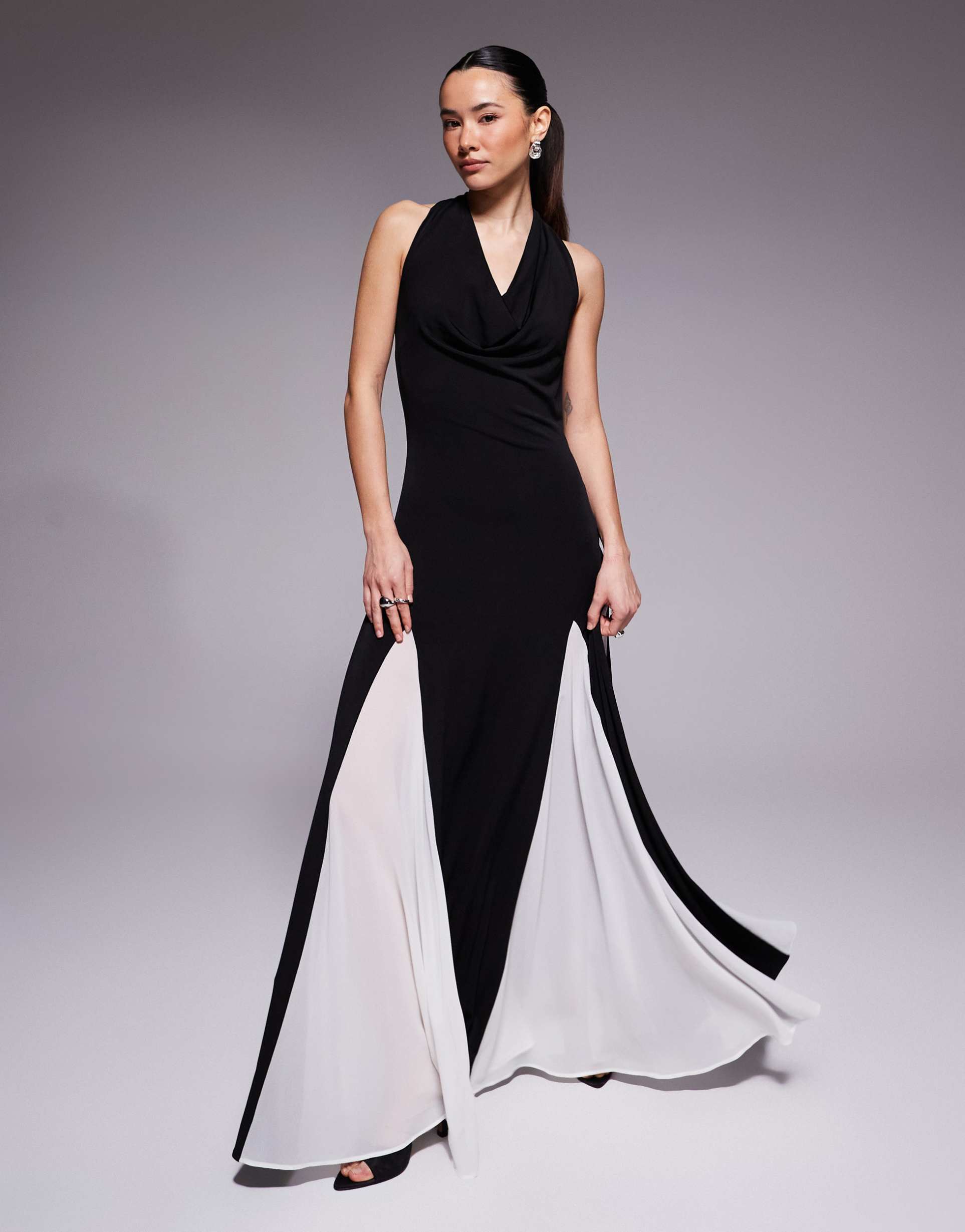 tfnc petite halter neck chiffon contrast godets maxi dress in black and white