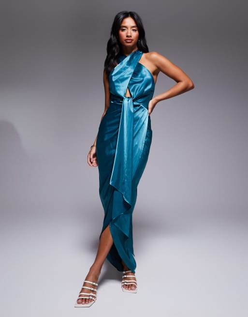 TFNC Petite halter neck dress with wrap skirt in emerald green satin