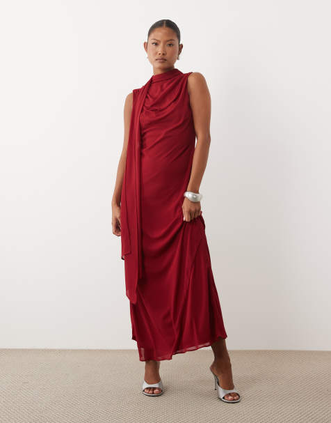 TFNC Petite high neck chiffon scarf detail maxi dress in burgundy - view 1