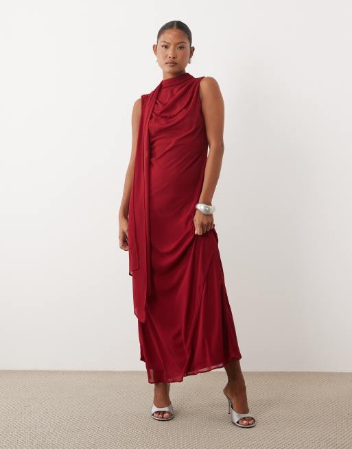 tfnc burgundy dress Petite high neck chiffon scarf detail maxi in Brown Leather Shoelaces that