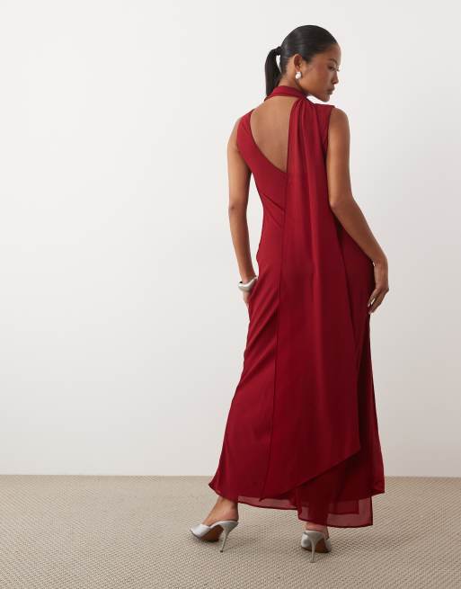 tfnc burgundy dress Petite high neck chiffon scarf detail maxi in Skirt midi dress
