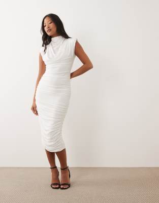 Tfnc Petite High Neck Padded Shoulder Midi Dress In White