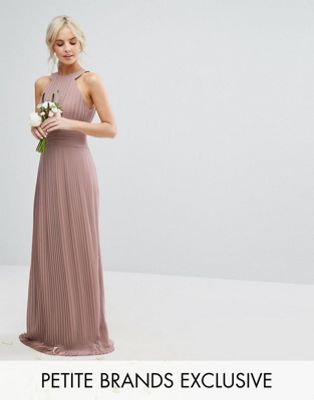 TFNC Petite High Neck Pleated Maxi Bridesmaid Dress-Pink