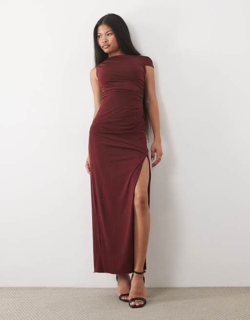 TFNC Petite hotfix fallen shoulder thigh high split maxi dress in burgundy