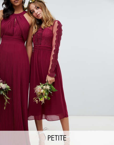 TFNC Petite lace detail bridesmaid midi dress in burgundy