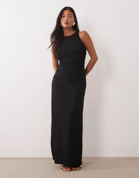 TFNC Petite lace racer neck open cowl back drape detail maxi dress in black