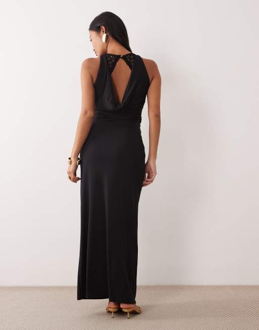 TFNC Petite lace racer neck open cowl back drape detail maxi dress in black, 3 of 4