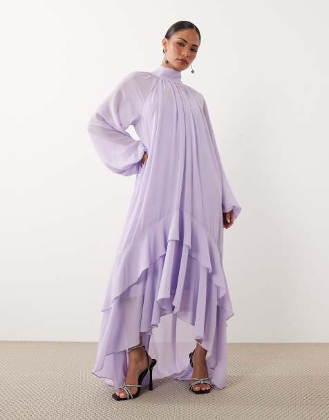 TFNC Petite chiffon high neck long sleeve maxi dress with tiered hem in lilac