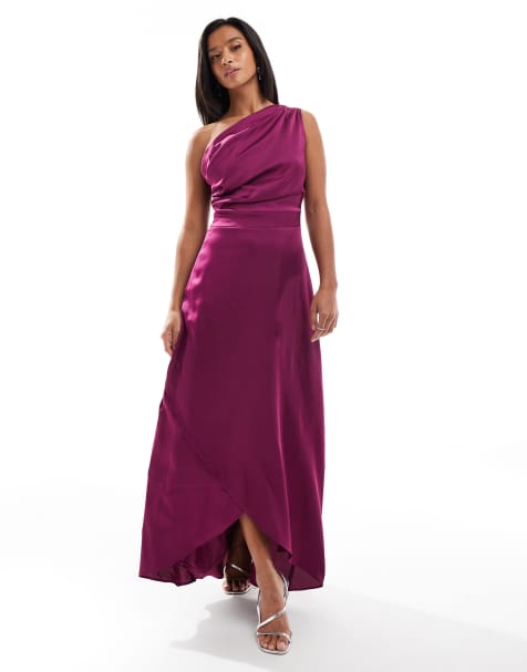 TFNC Petite - L'invitée - Robe longue asymétrique en satin avec jupe portefeuille - Baie - view 1
