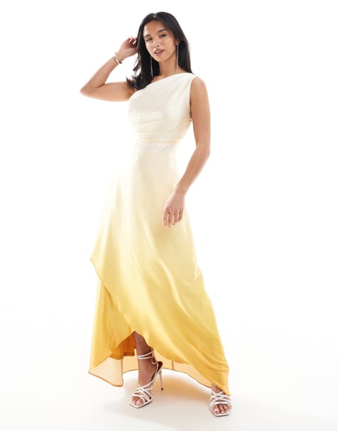 TFNC Petite - L'invitée - Robe longue asymétrique en satin avec jupe portefeuille - Citron - view 1