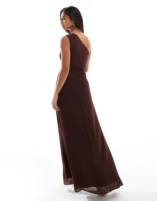 TFNC Petite - L'invitée - Robe longue en mousseline avec jupe portefeuille - Chocolat, 3 de 4
