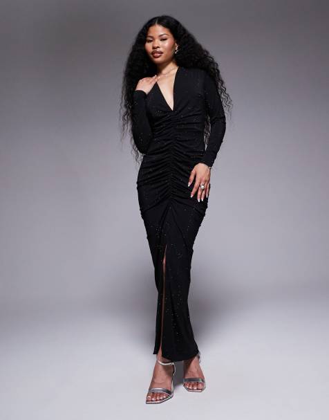 TFNC Petite long sleeve plunge neck embellished maxi dress in black - view 1