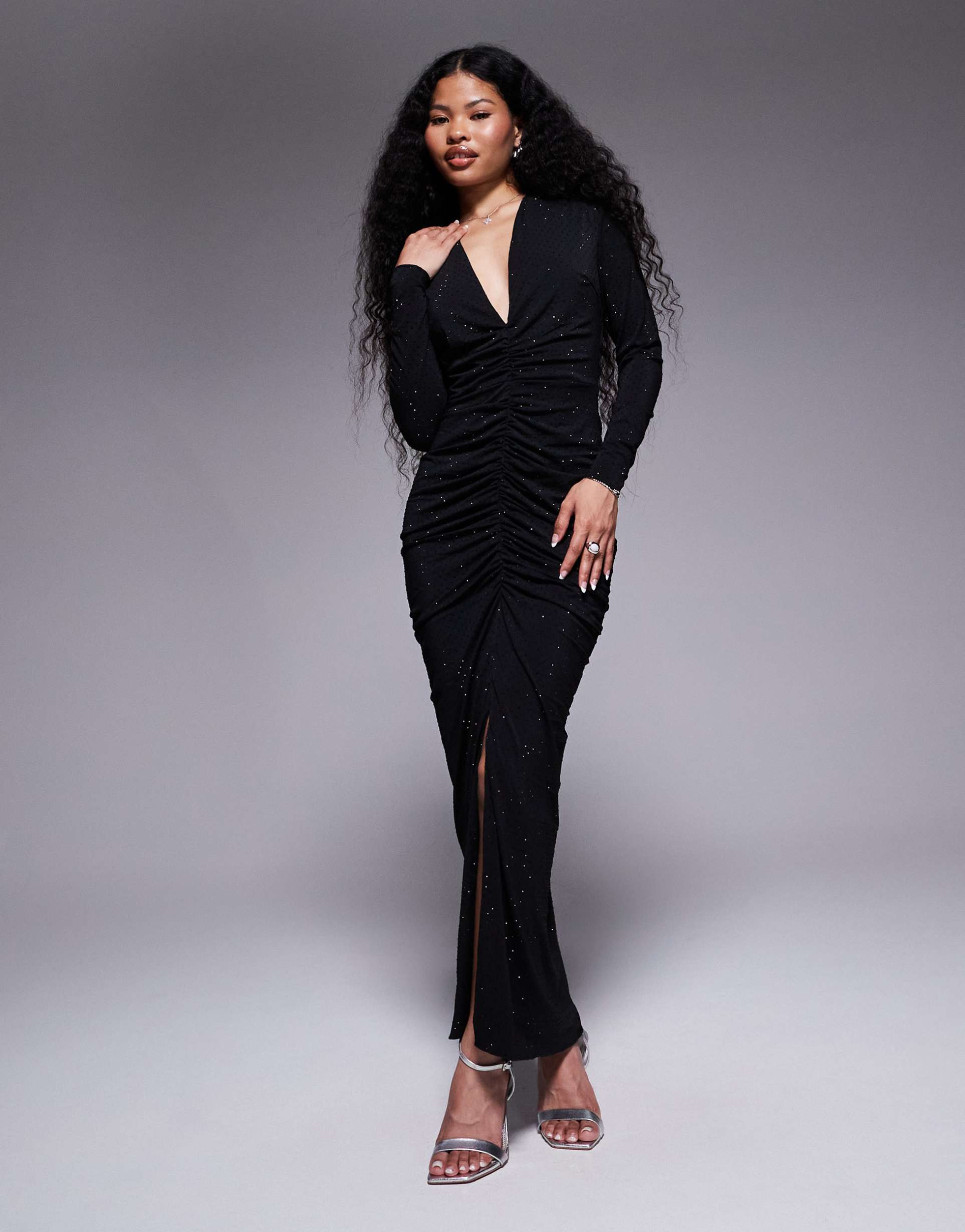 tfnc petite long sleeve plunge neck embellished maxi dress in black