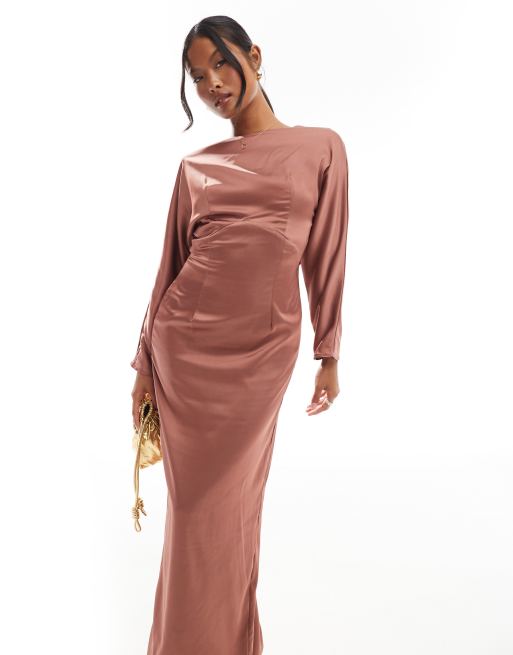 TFNC Petite long sleeve satin cowl back maxi dress in mulberry ASOS