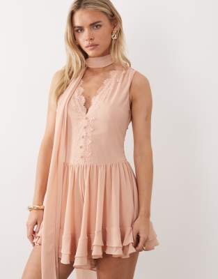 Tfnc Petite Low V-neck Chiffon And Lace Playsuit With Scarf In Pink