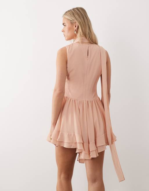 TFNC Petite low v-neck chiffon and lace playsuit with scarf in light pink, 4 of 4