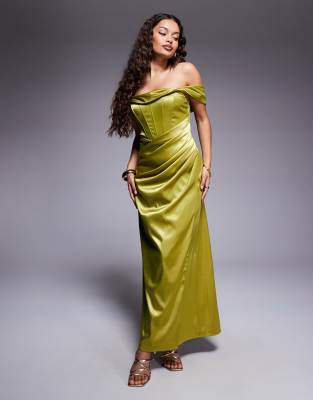 TFNC Petite - Maxikleid aus Satin in Olivgrün mit Korsett-Design und tief angesetzter Schulterpartie