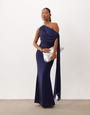 Tfnc Petite Mesh Draped One Shoulder Tie Detail Maxi Dress In Blue