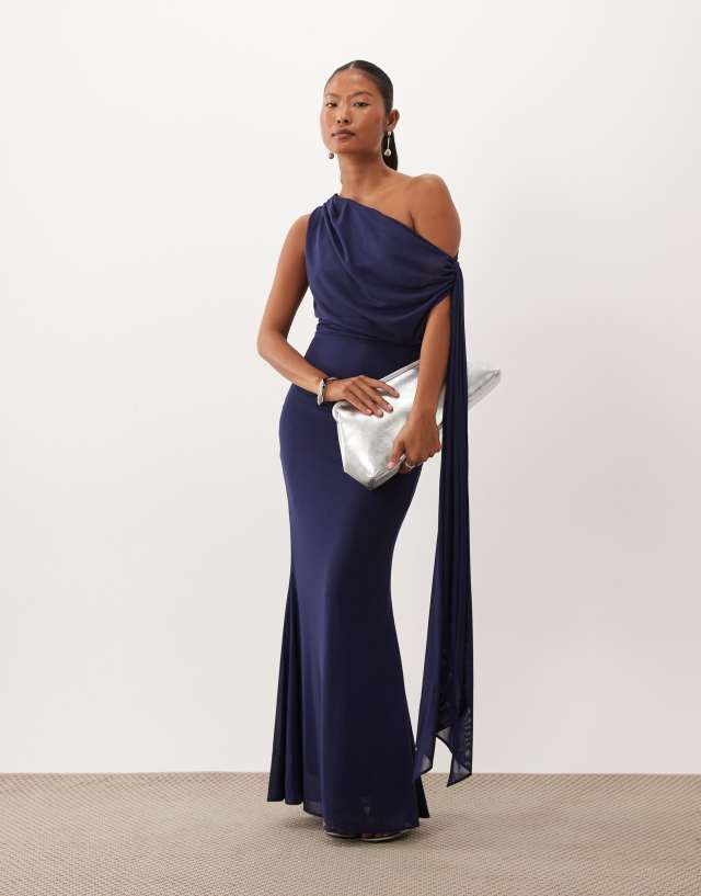 blue shoulder tie dress TFNC Petite mesh draped one detail maxi in navy Maxi dress