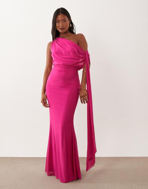 TFNC Petite mesh draped one shoulder tie detail maxi dress in pink | ASOS