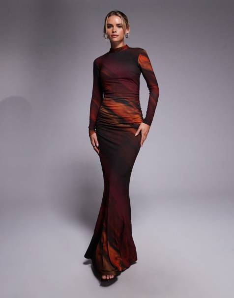 TFNC Petite  mesh high neck ruched side maxi dress in burgundy ombre - view 1