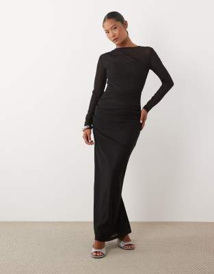 Tfnc Petite Mesh Jersey Sheer Long Sleeve Maxi Dress In Black