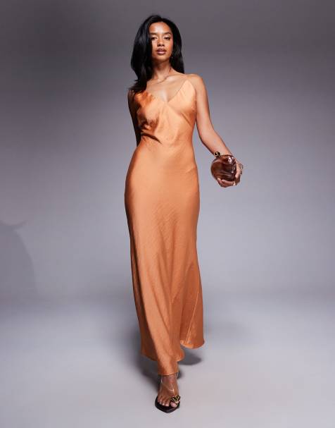 TFNC Petite satin cowl back maxi dress on rust