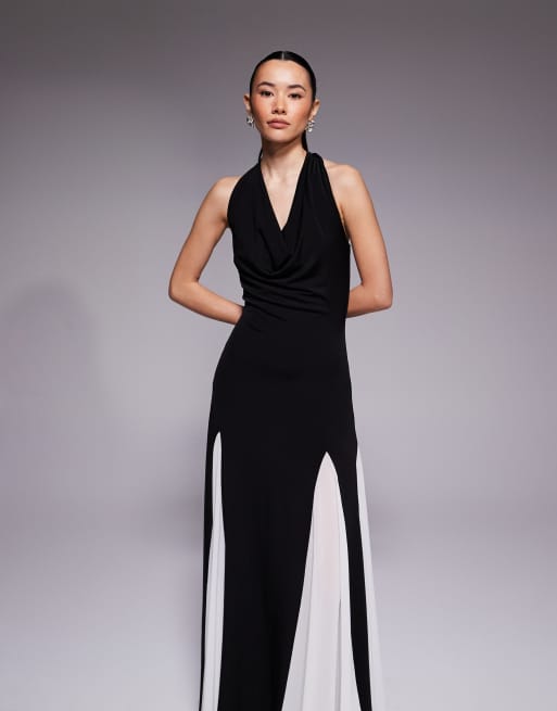 TFNC Petite - Monokrom maxikjole i chiffon med halterneck og kontrastfarvede kiler, 2 af 4