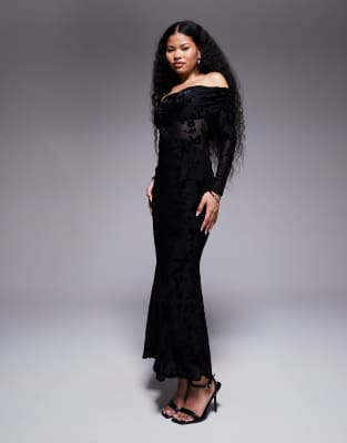 TFNC TFNC Petite off shoulder long sleeve maxi dress in black velvet burn out