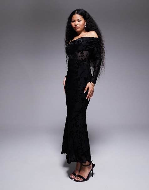 TFNC Petite off shoulder long sleeve maxi dress in black velvet burn out - view 1