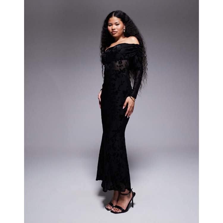 TFNC Petite off-shoulder long sleeve maxi dress in black velvet burnout |  ASOS