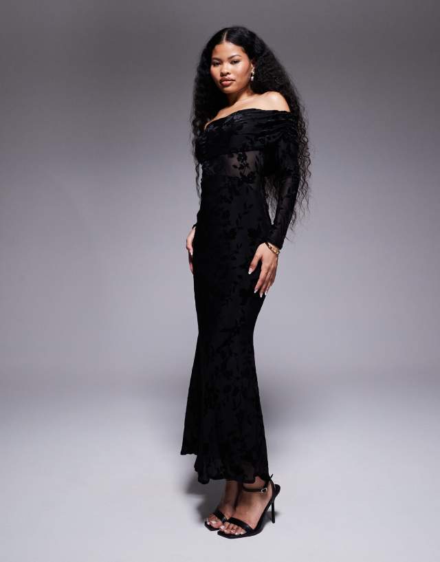 TFNC Petite off-shoulder long sleeve maxi dress in black velvet