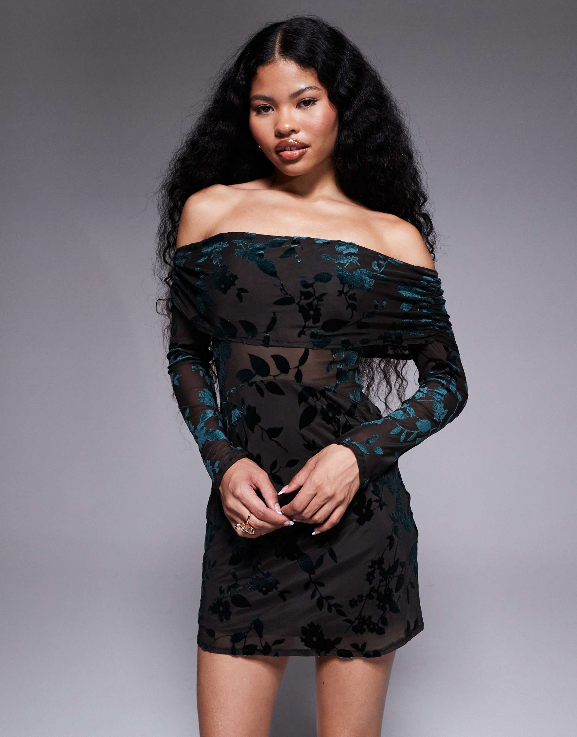 tfnc petite off-shoulder long sleeve mini dress in green velvet burnout