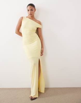 Tfnc Petite One Shoulder Midaxi Dress With Thigh Slit In Yellow
