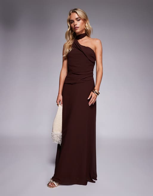 TFNC Petite one shoulder scarf neck maxi dress in chocolate