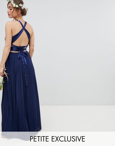 TFNC Petite Pleated Maxi Bridesmaid Dress with Cross Back and Bow Detail