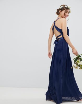 tfnc pleated maxi bridesmaid dress with cross back and bow detail