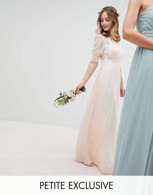 Petite pleated maxi bridesmaid dress 2025 with spot mesh frill detail