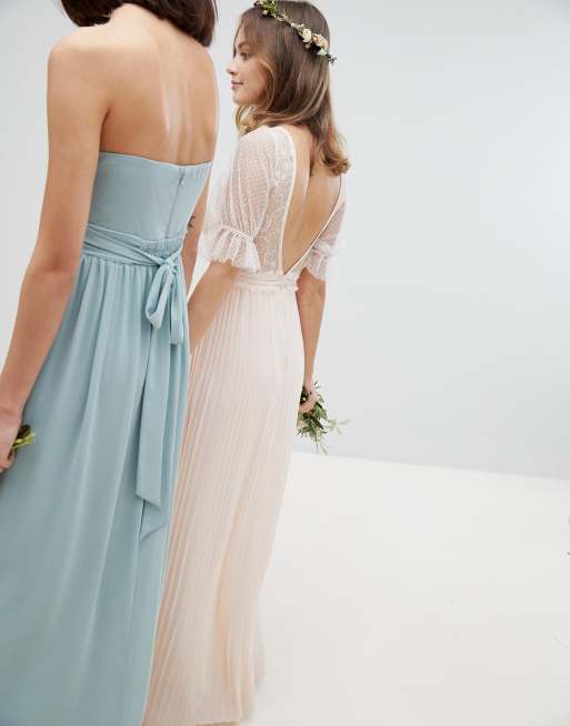 Petite pleated maxi bridesmaid dress with spot mesh frill sale detail